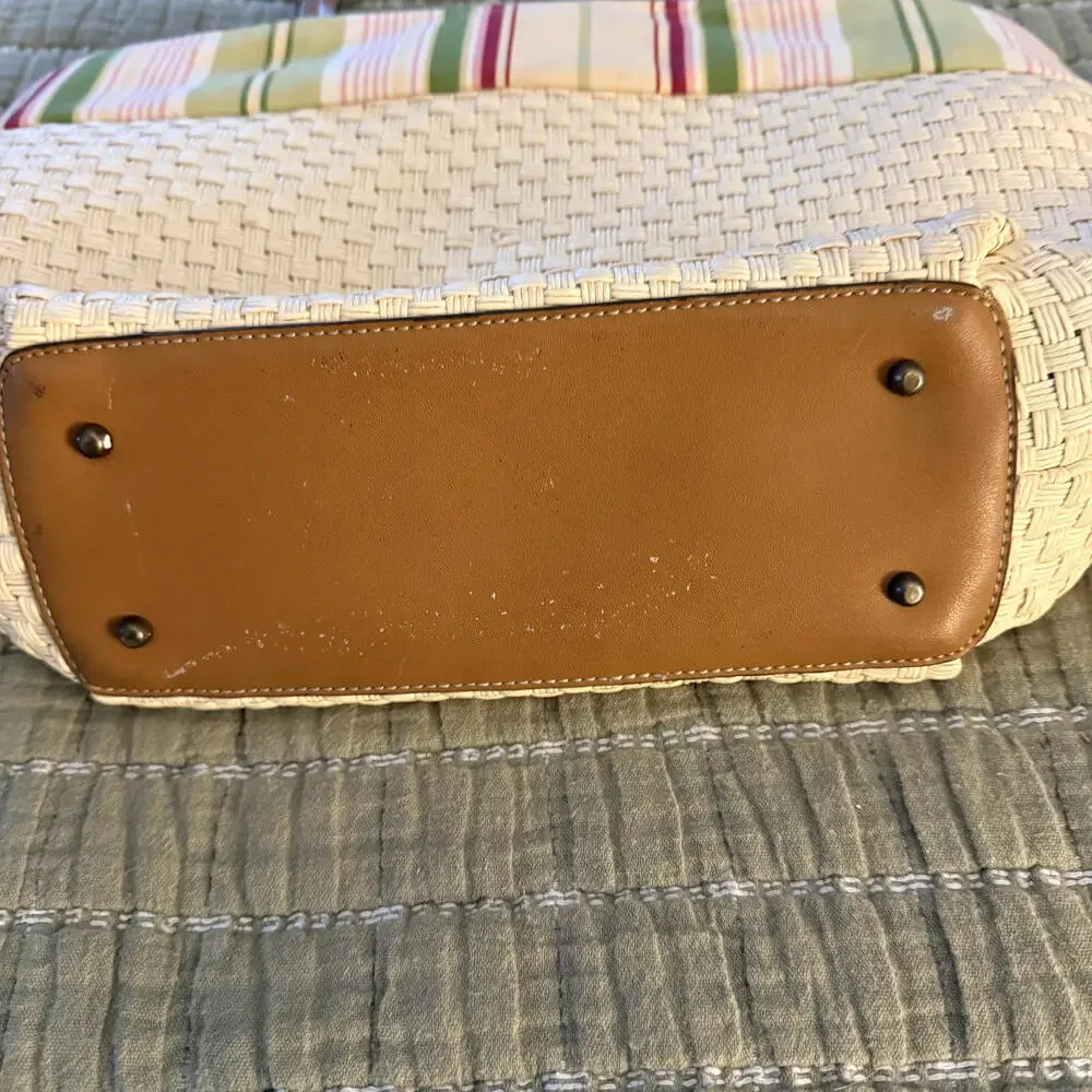 FOSSIL Straw Pink/Green Canvas Nautical Satchel Purse Preppy Cottage‎ Core
